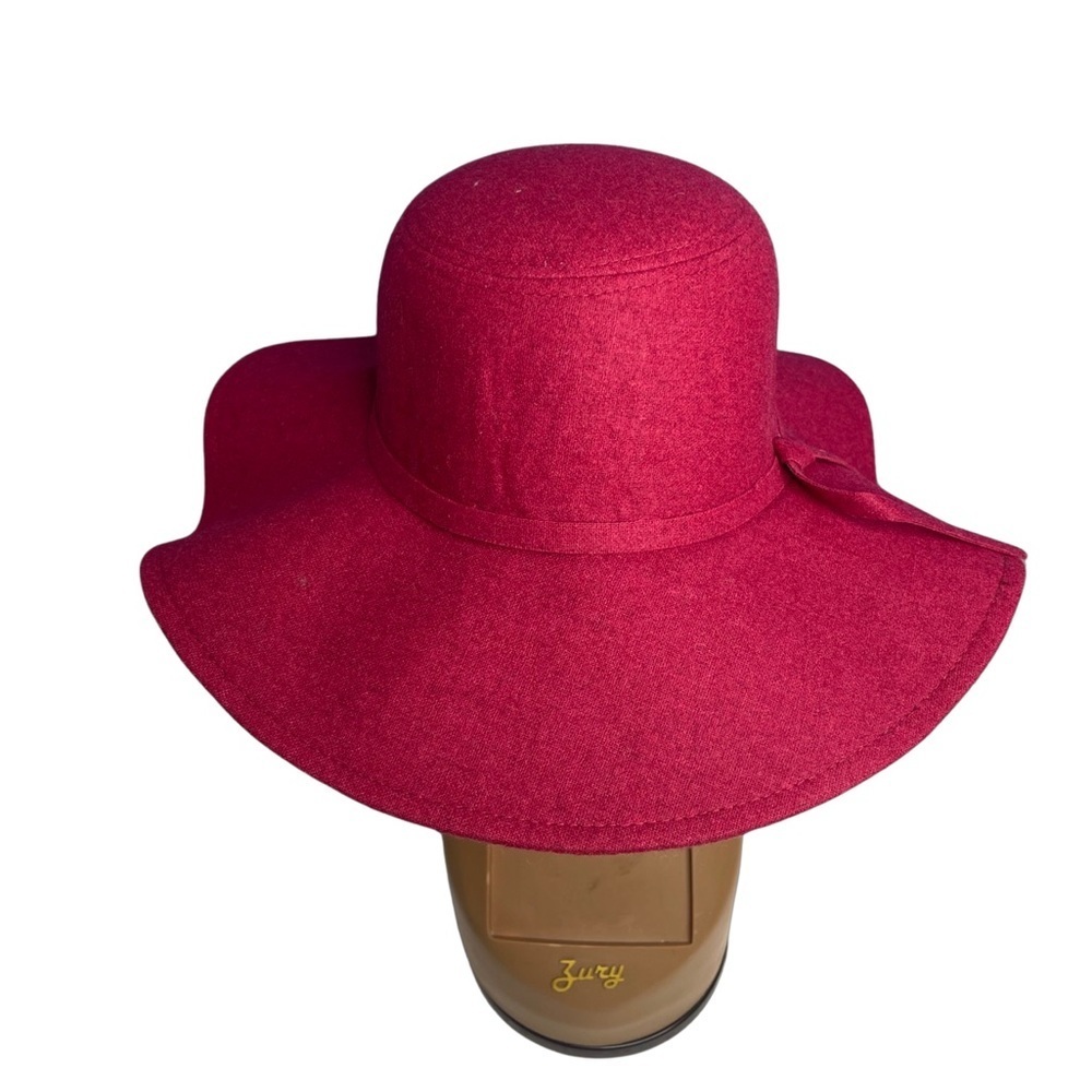 ISA & STEF maroon wool wide brim floppy harvest hat with adjustable sizing.